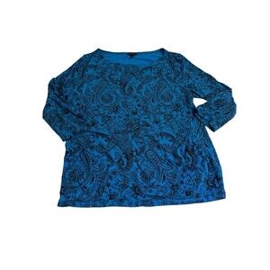 Ann Taylor Women’s Top Size L Black & Blue Paisley Print 3/4 Sleeves